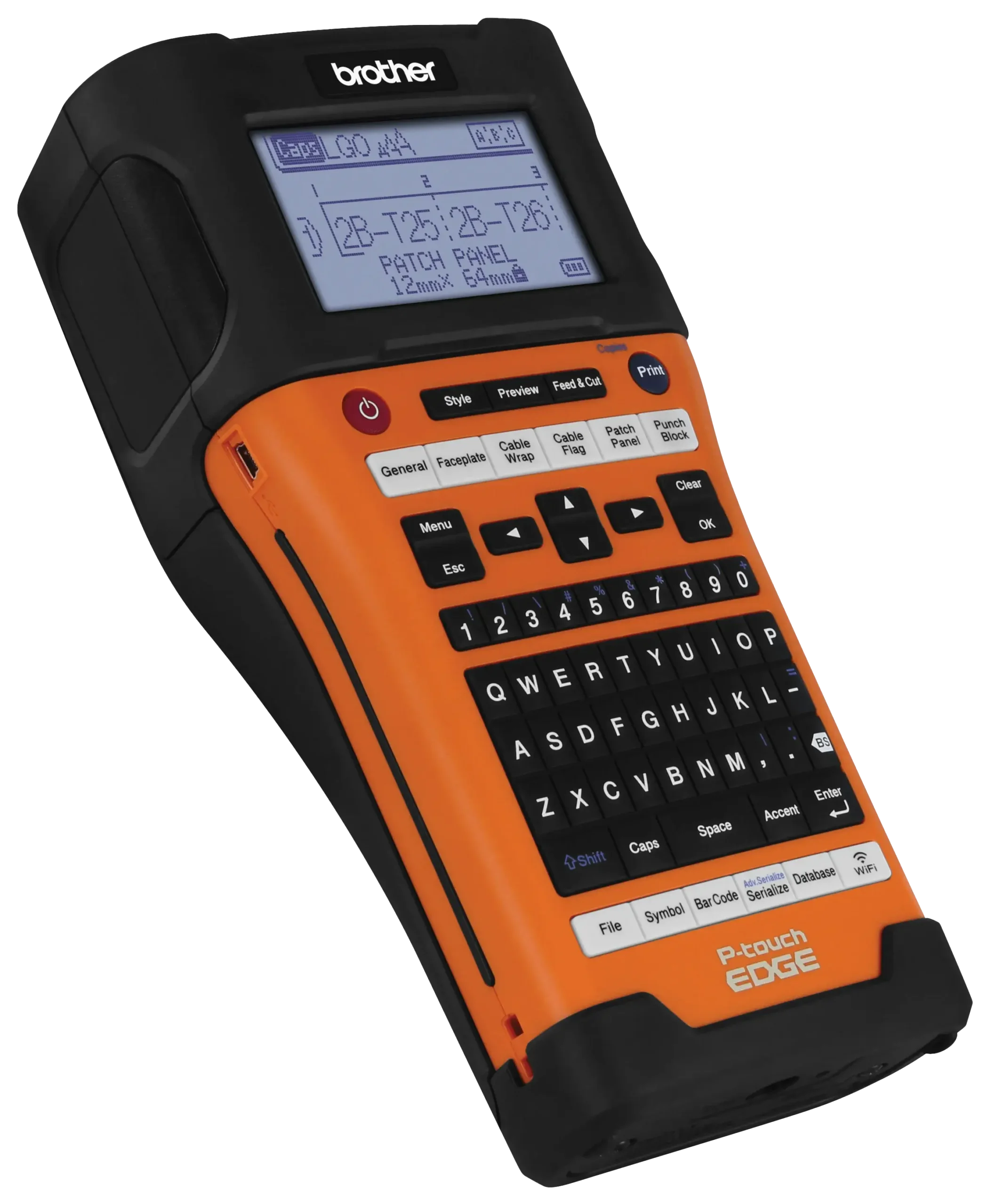 side view of a black and orange brother mobile pt-e550w handheld label printer