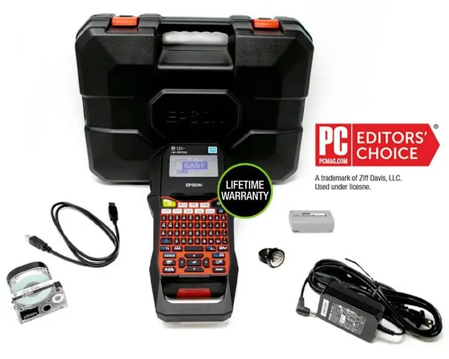 epson labelworks px700 label printer deluxe kit with power cable, case, and accessories all around it