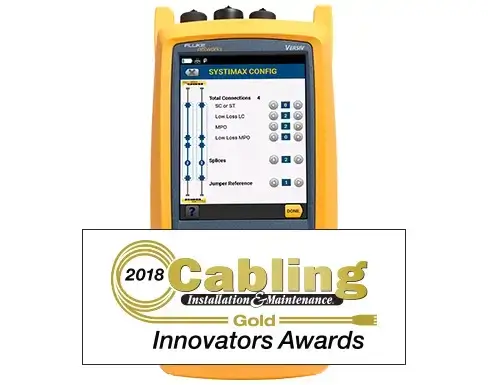 orange fluke network tester with a banner reading 2018 cabling installation and maintenance gold innovators awards