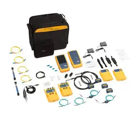 components of a fluke dsx cable analyzer kit arranged neatly