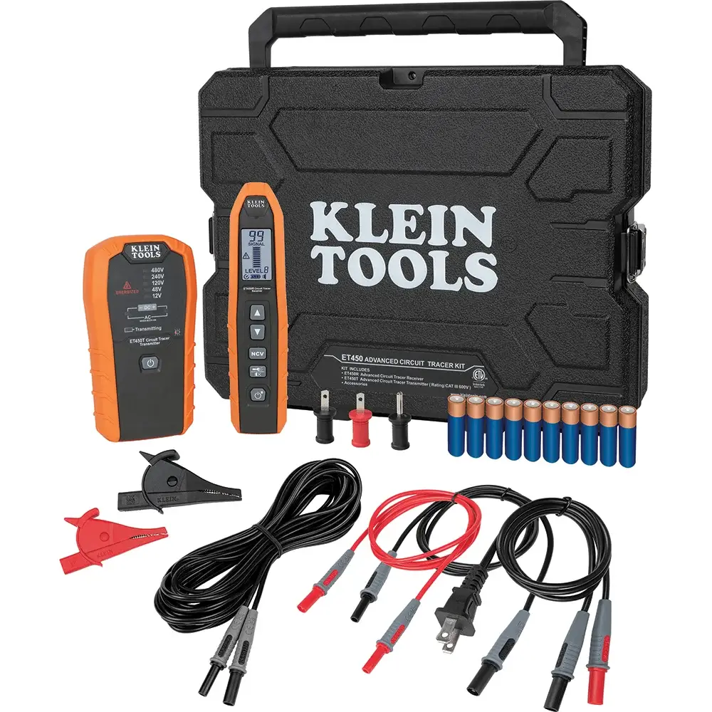 two klein electrical testers with accessories in front of a hard black tool case