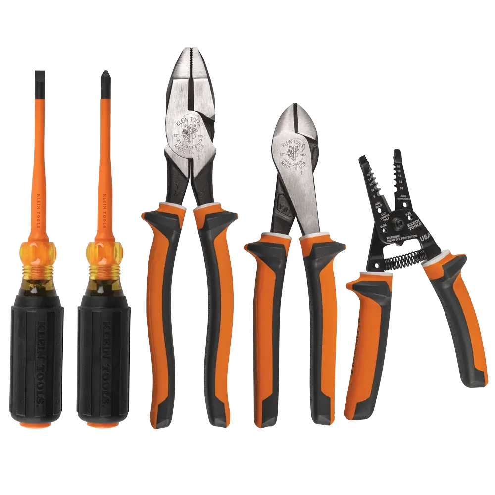 transparent graphic of orange klein insulated screwdrivers, pliers and wire strippers arranged in a row