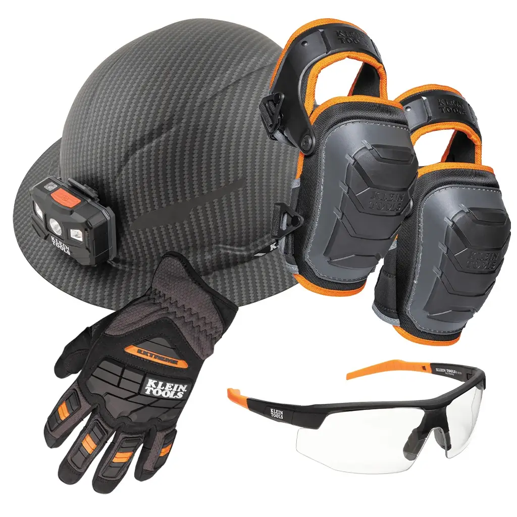transparent graphic of klein hardhat, safety gloves, knee pads, and safety glasses