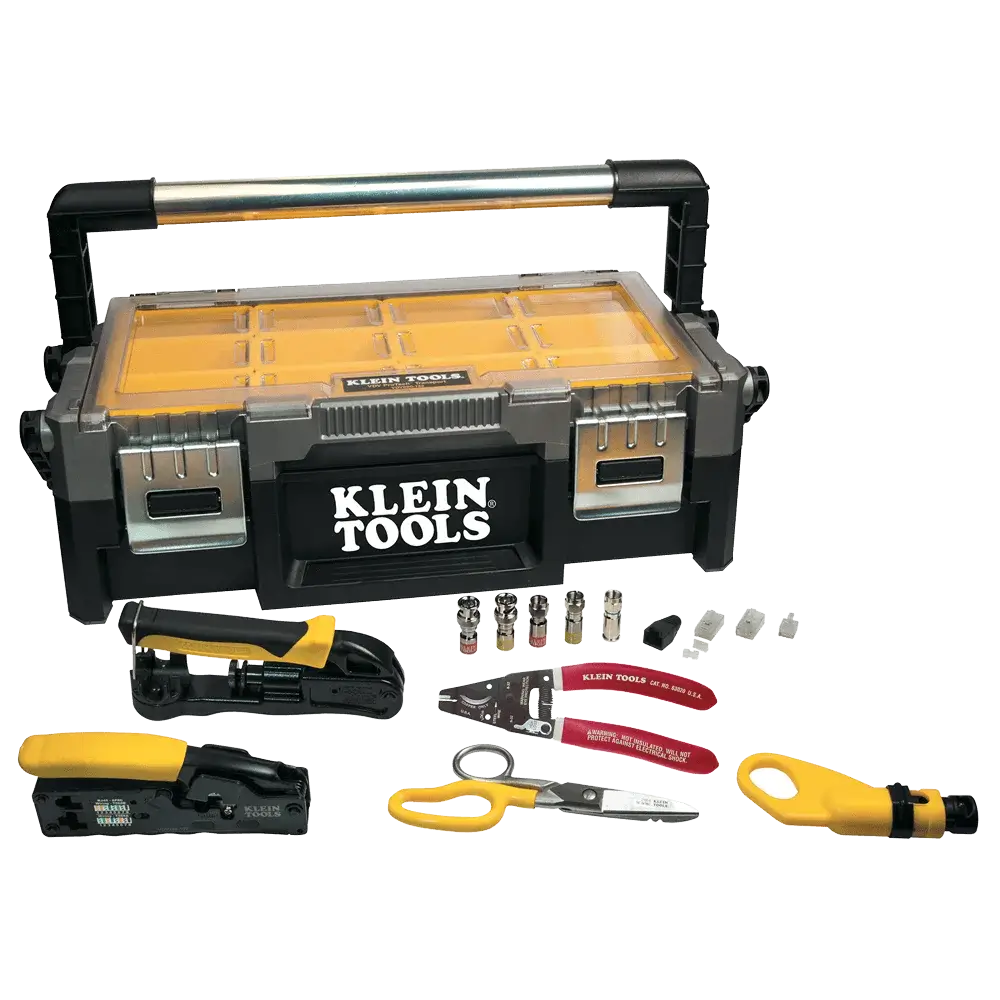 transparent mockup with an assortment of klein network and data tools in front of a yellow and black hard plastic tool box