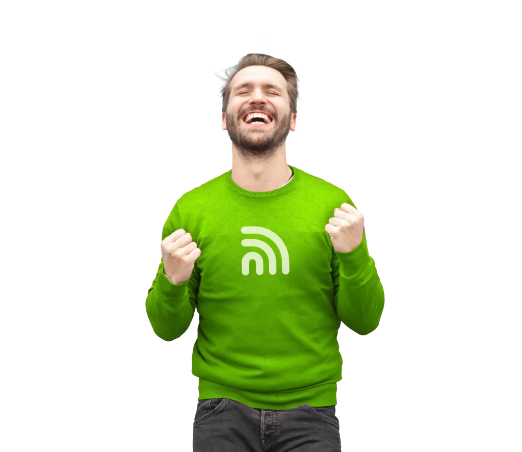 transparent graphic of a man in green sweater with netally logo on front clasping his hands in fists and smiling