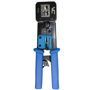 Vertical Cable Universal Pass-Through RJ45 Crimp Tool with Built-In Cutter and Stripper