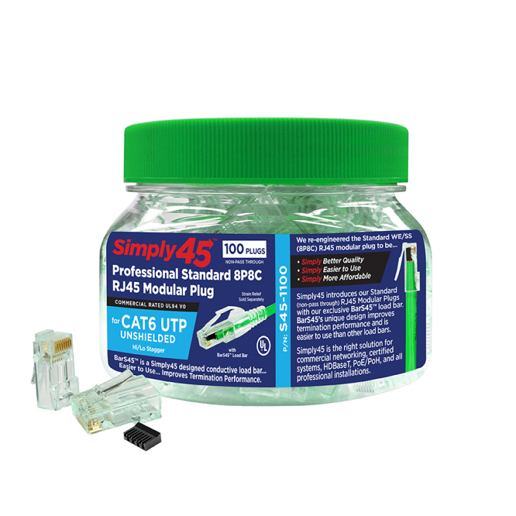 Simply45 Cat6/6A Standard RJ45 Modular Plug with Bar45 and Green Tint | 100 Pack