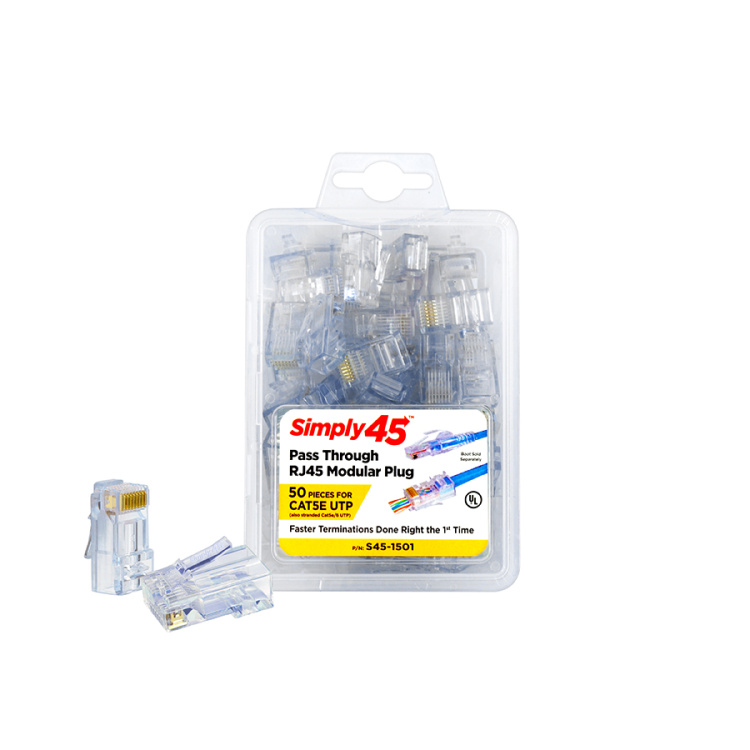 Simply45 Cat5E Pass-Through RJ45 Modular Plug with Blue Tint | 50 Pack