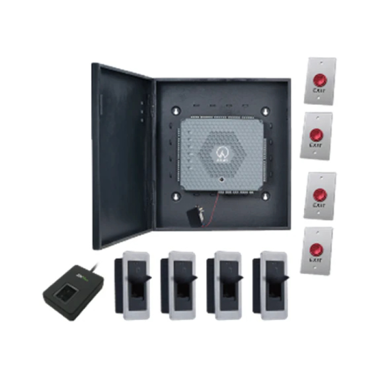 ZK Teco 4 Door Kit Atlas460, Power Supply, Metal Cabinet, 4 Qr502v Keypads, 4 PTE-1 Exit Buttons | Discontinued