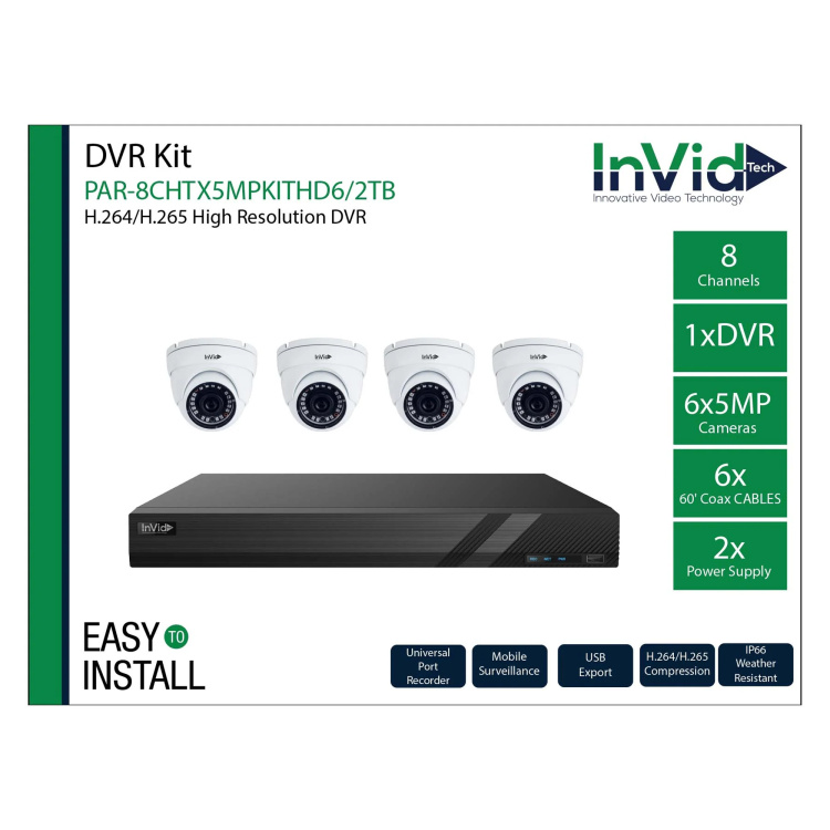 InVid Tech 4 Channel 2TB TVI/AHD/CVI/ANALOG/IP with 4 PAR-C5TIR28 Turret 2.8mm Camera Kit | Discontinued