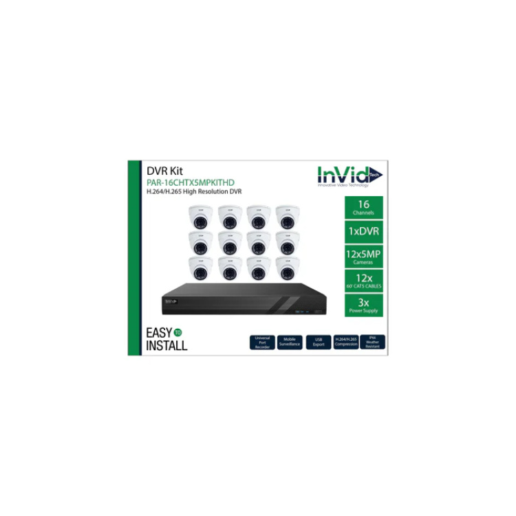InVid Tech 16 Channel DVR with 12 5mp Cameras, 3 4ch PS, 12 Plug & Play Cables (No Drive) | Discontinued