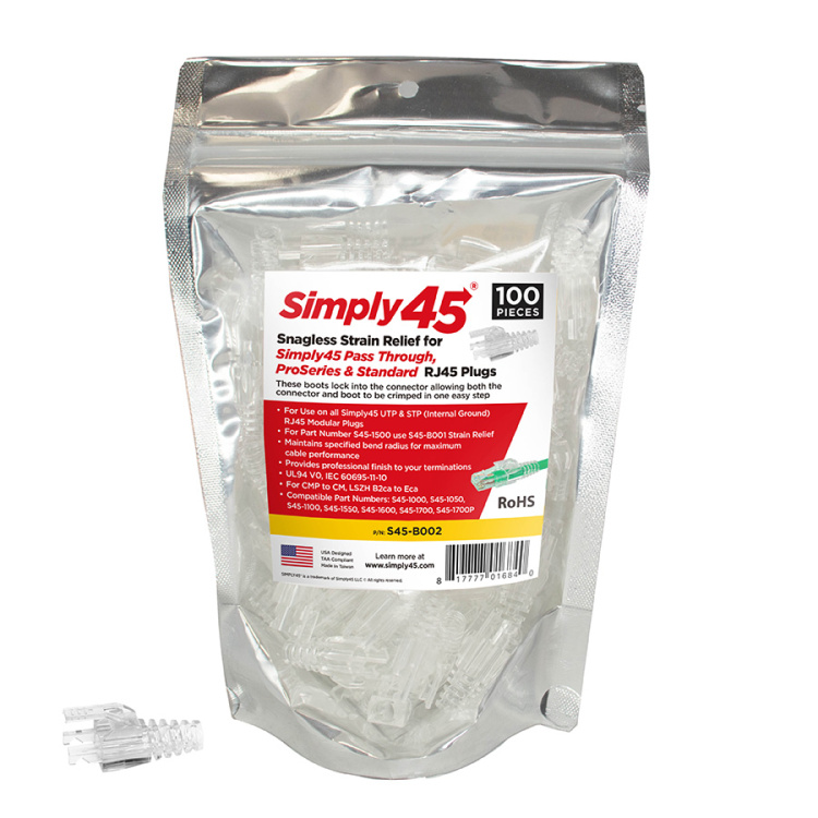 Simply45 Integrated Cat6/6A Strain Reliefs for Unshielded S45 Pass-Through, ProSeries & Standard RJ45 Plugs | 100 Pack