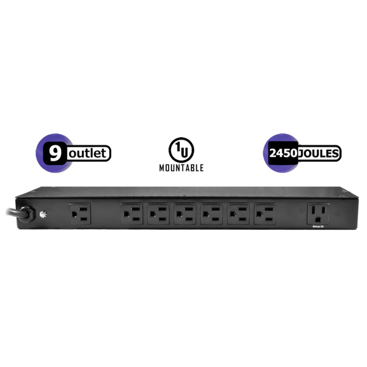 Weltron 1u 9 Outlet Rackmount 2450-Joule Surge Protector with 15' Cord