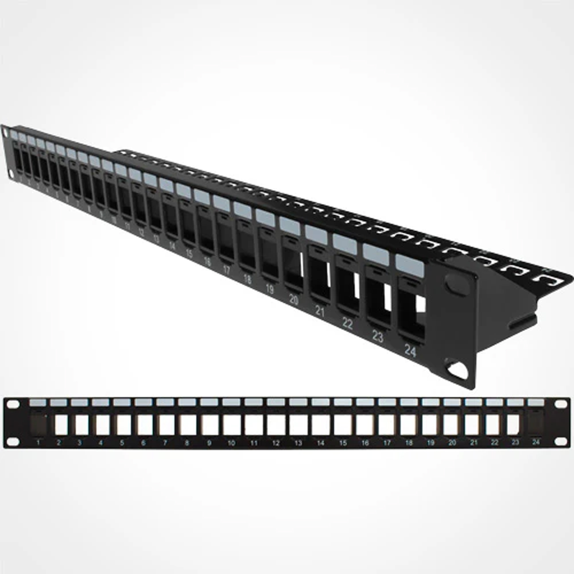 Vertical Cable 24 Port Unloaded 1U Patch Panel with Rear Cable Management Bar