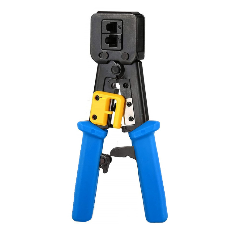 Vertical Cable Universal Pass-Through RJ45 Crimp Tool with Built-In Cutter and Stripper