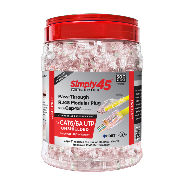 Simply45 ProSeries Pass Through Cat6/6A Modular Plugs with Cap45 Bar | 500 Pack